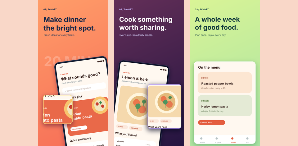 A three-screen Savory recipe campaign in coral, plum and lime