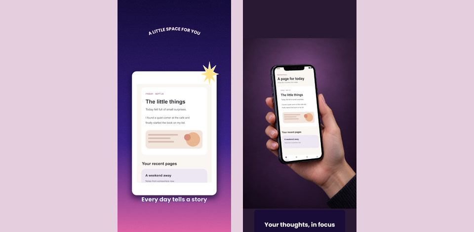 Two Papertrail journal treatments: a magenta vector card and a hand holding a phone