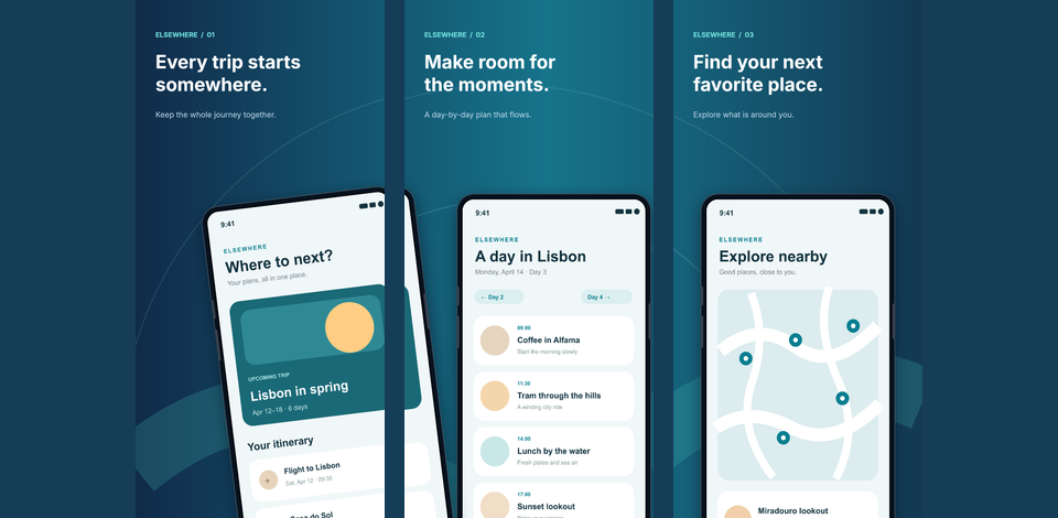 Three connected Elsewhere travel screenshots with a device continuing across screens